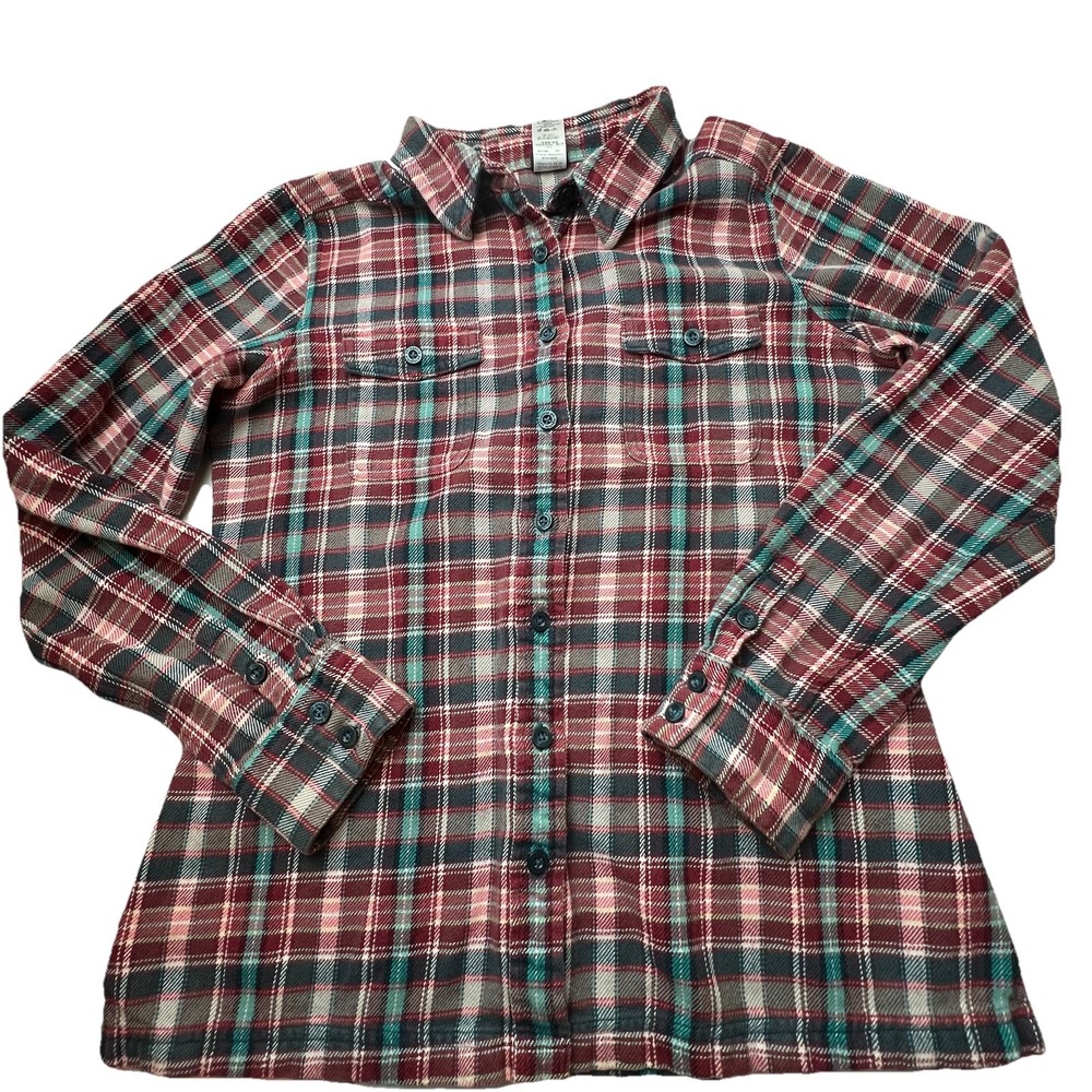 Patagonia Green Red Plaid Organic Cotton Long Sleeve Button Shirt Women's Size 8